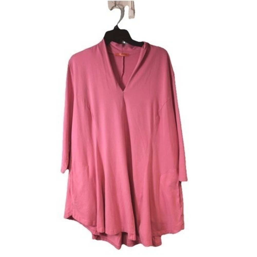 Alembika 1X  Tunic Trapeze  3/4 Sleeve Jersey Stretch Pockets Lagenlook Top Pink